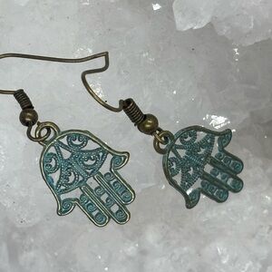 Hamsa Hand Dangle Earrings in Verdigris Green - The Yogi Collection